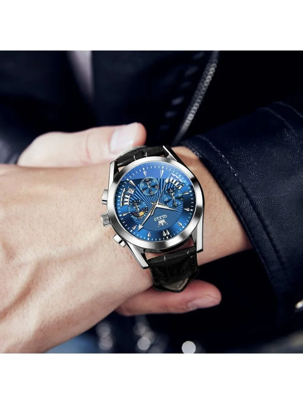 Men's Blue Leather Chronograph Watch Big Face Waterproof Date Luminous Watch
